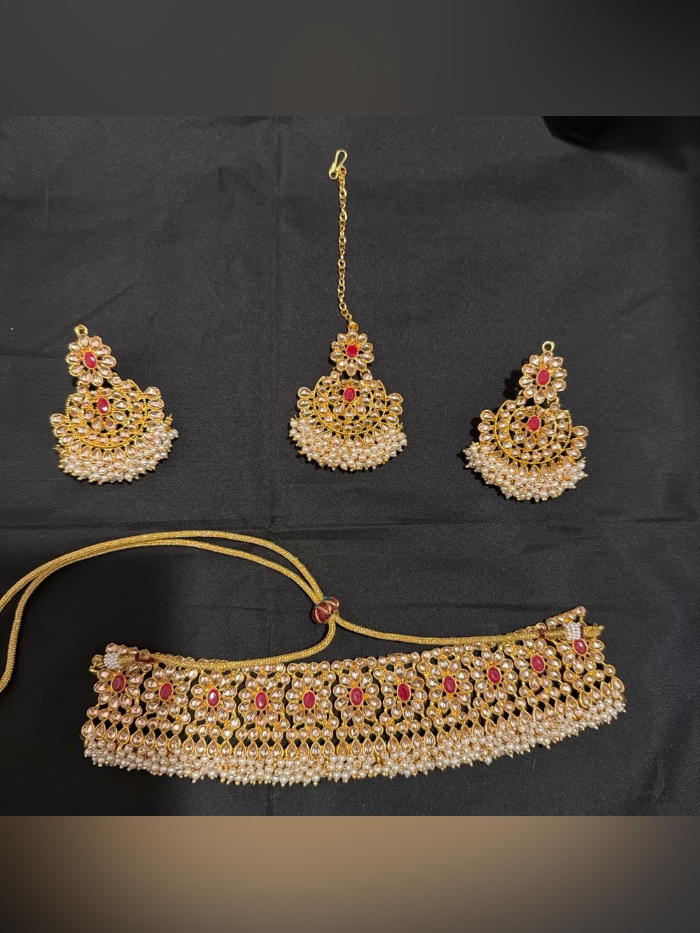 Gold-Tone Red Stone Bridal Choker Necklace Set - Women Jewelry